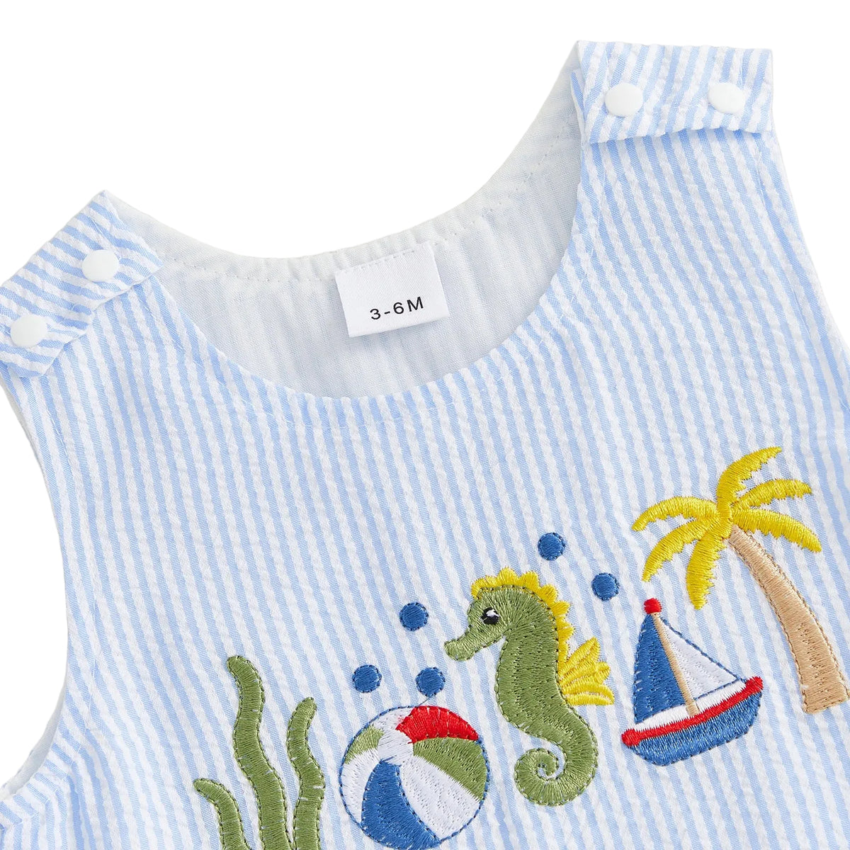 Blue and white striped baby romper 3-6 months with undersea animals embroidery including seahorse and seaweed