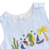 Blue and white striped baby romper 3-6 months with undersea animals embroidery including seahorse and seaweed
