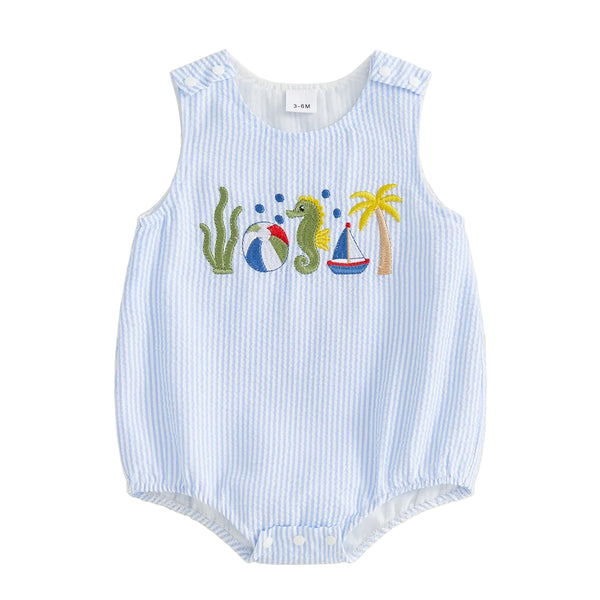 baby blue striped romper for 3-6 months with undersea animals embroidery and palm tree detail