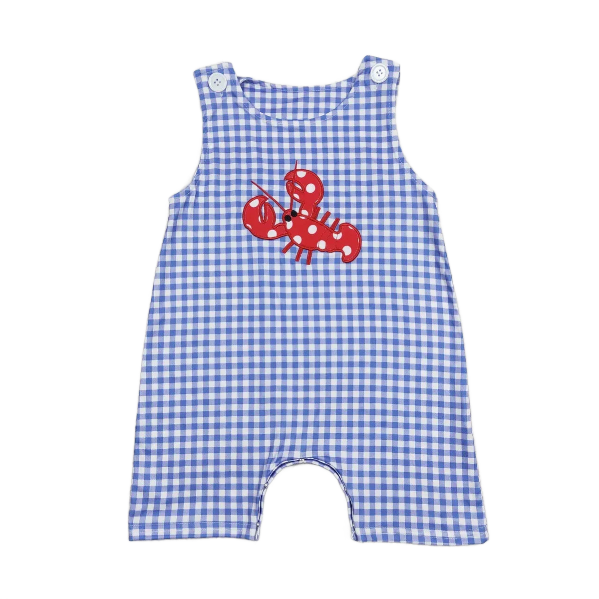 Blue and white gingham baby boutique romper overalls with red polka dot lobster applique for infants
