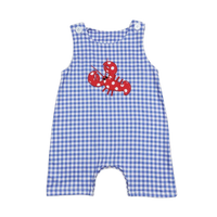 Blue and white gingham baby boutique romper overalls with red polka dot lobster applique for infants