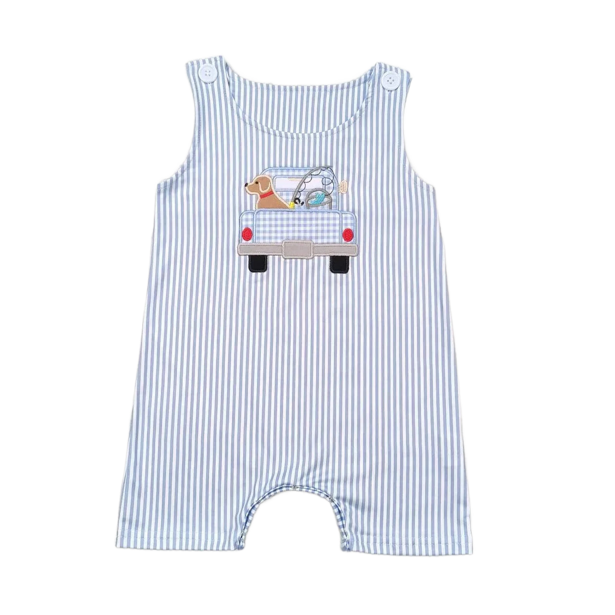 blue and white striped baby boutique romper overalls with dog and car applique for infants
