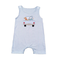 blue and white striped baby boutique romper overalls with dog and car applique for infants