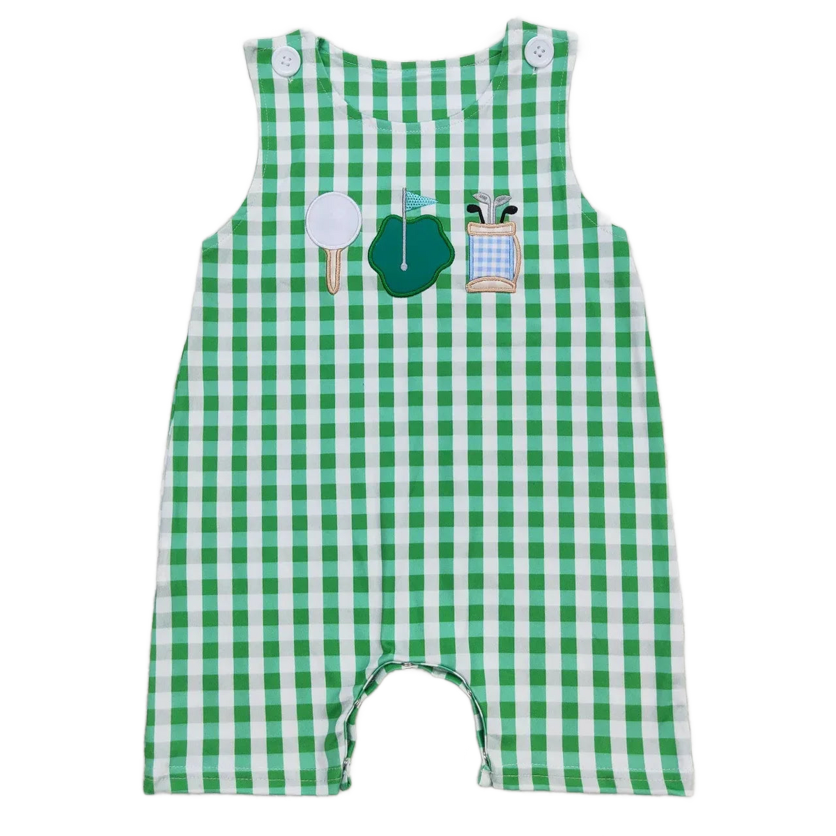 Green and white checkered baby boutique romper overalls with golf-themed appliques for infants