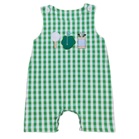 Green and white checkered baby boutique romper overalls with golf-themed appliques for infants