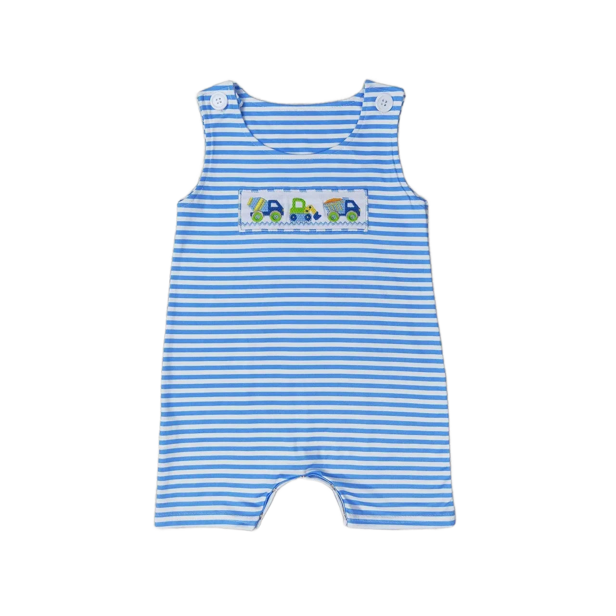 blue and white striped baby boutique romper overalls with embroidered construction trucks for infants