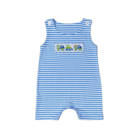 blue and white striped baby boutique romper overalls with embroidered construction trucks for infants