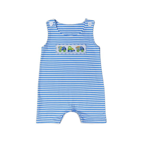 blue and white striped baby boutique romper overalls with embroidered construction trucks for infants