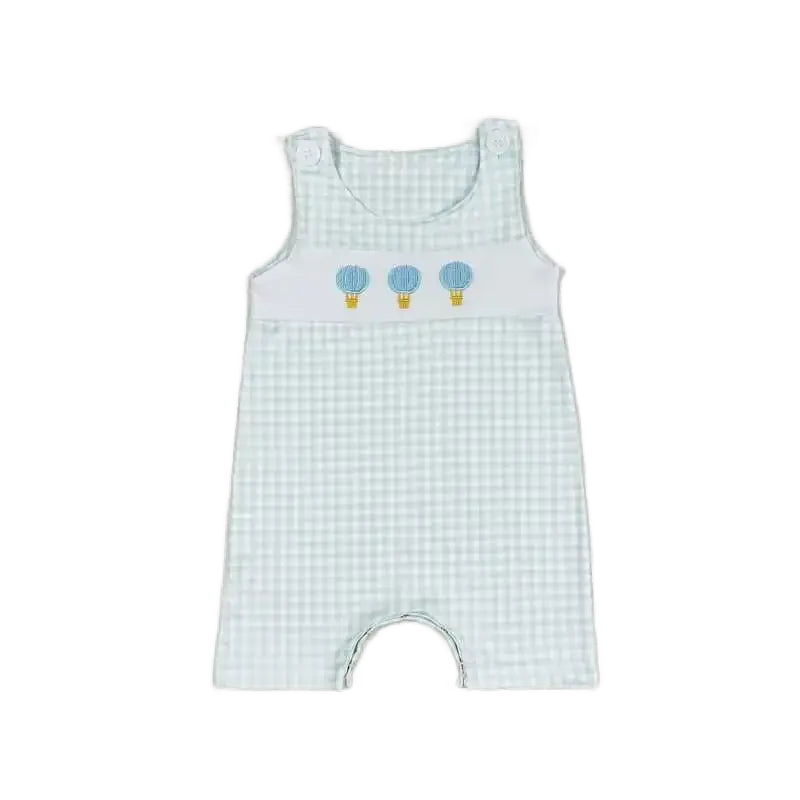 baby boutique romper overalls light blue gingham with hot air balloon embroidery for infants