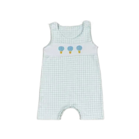 baby boutique romper overalls light blue gingham with hot air balloon embroidery for infants
