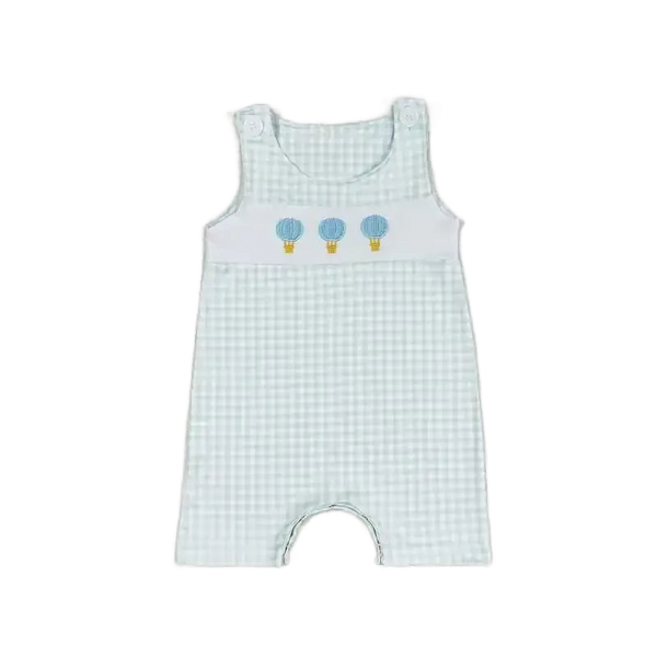 baby boutique romper overalls light blue gingham with hot air balloon embroidery for infants