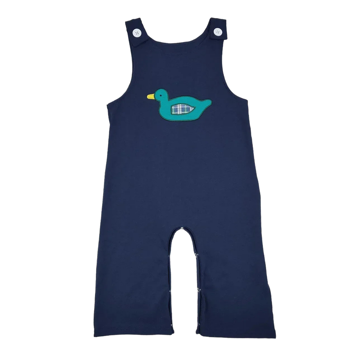 Navy baby boutique romper overalls with teal duck applique for infants