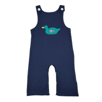 Navy baby boutique romper overalls with teal duck applique for infants