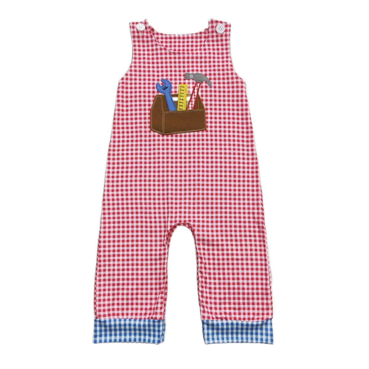 baby boutique romper overalls in red and white gingham with blue check cuff and tool box applique for infants