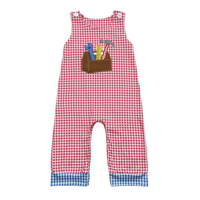 baby boutique romper overalls in red and white gingham with blue check cuff and tool box applique for infants