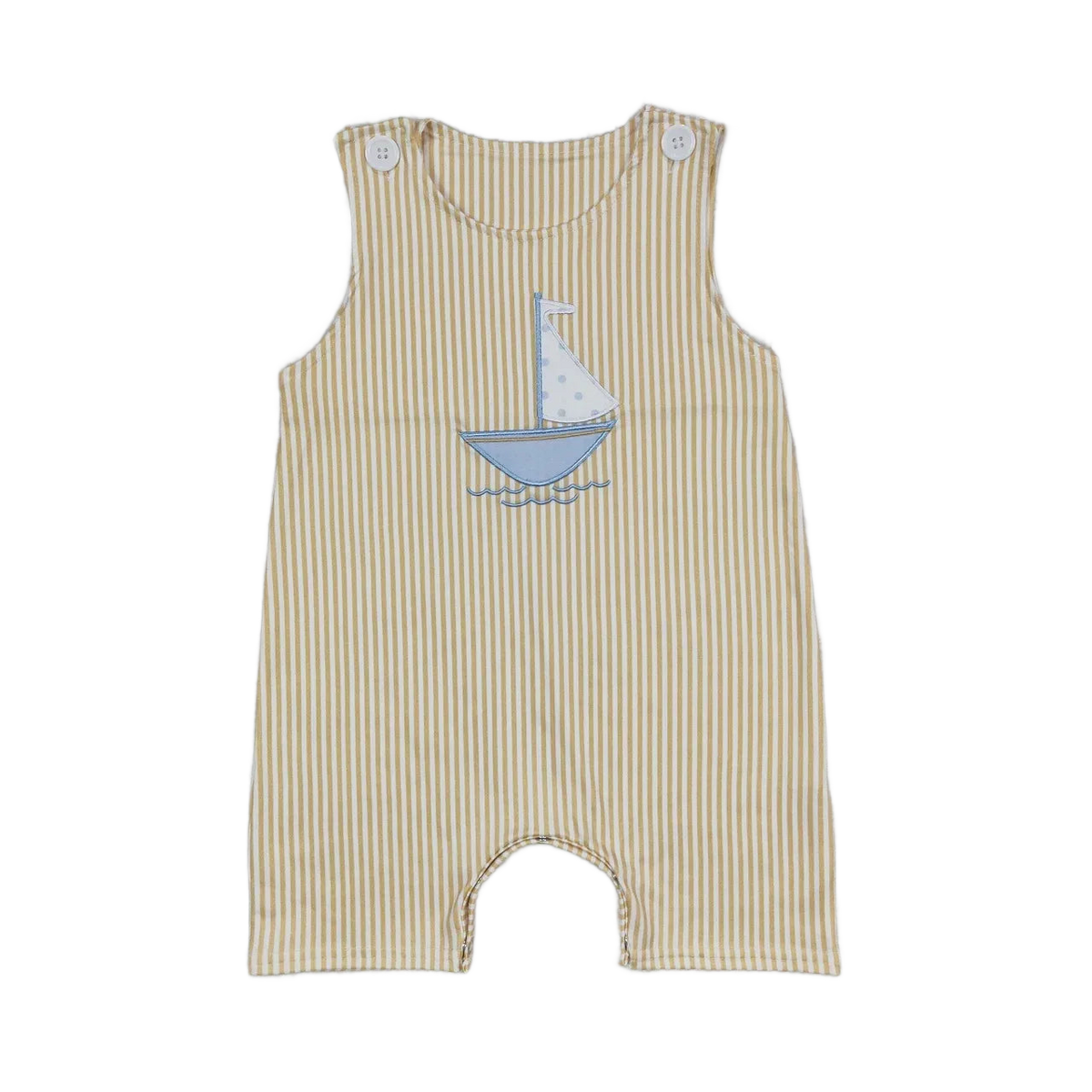 Yellow striped baby boutique romper overalls with blue sailboat applique for infants