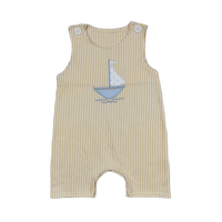 Yellow striped baby boutique romper overalls with blue sailboat applique for infants