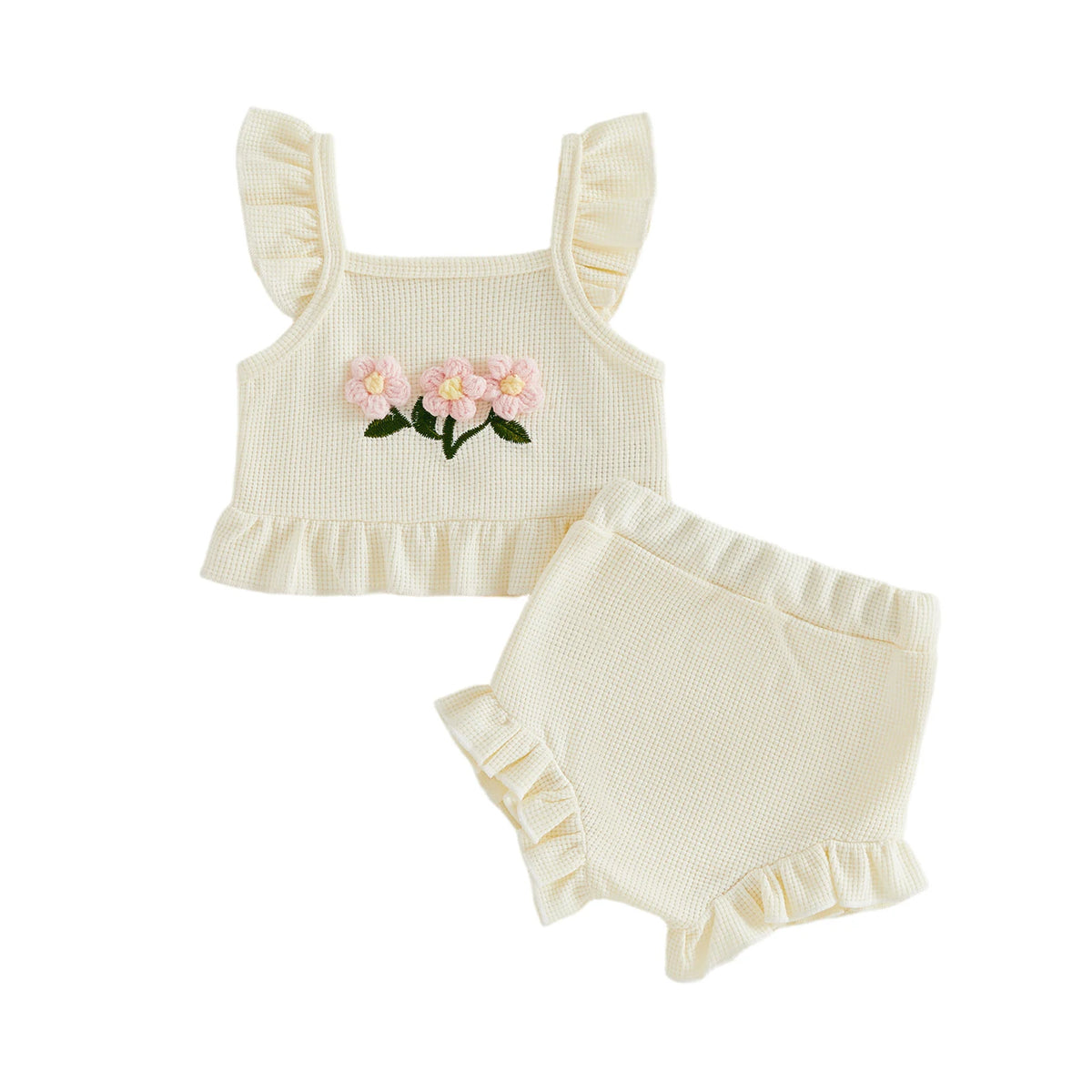 cream baby girl two-piece outfit with pink flower embroidery and ruffle details for infant