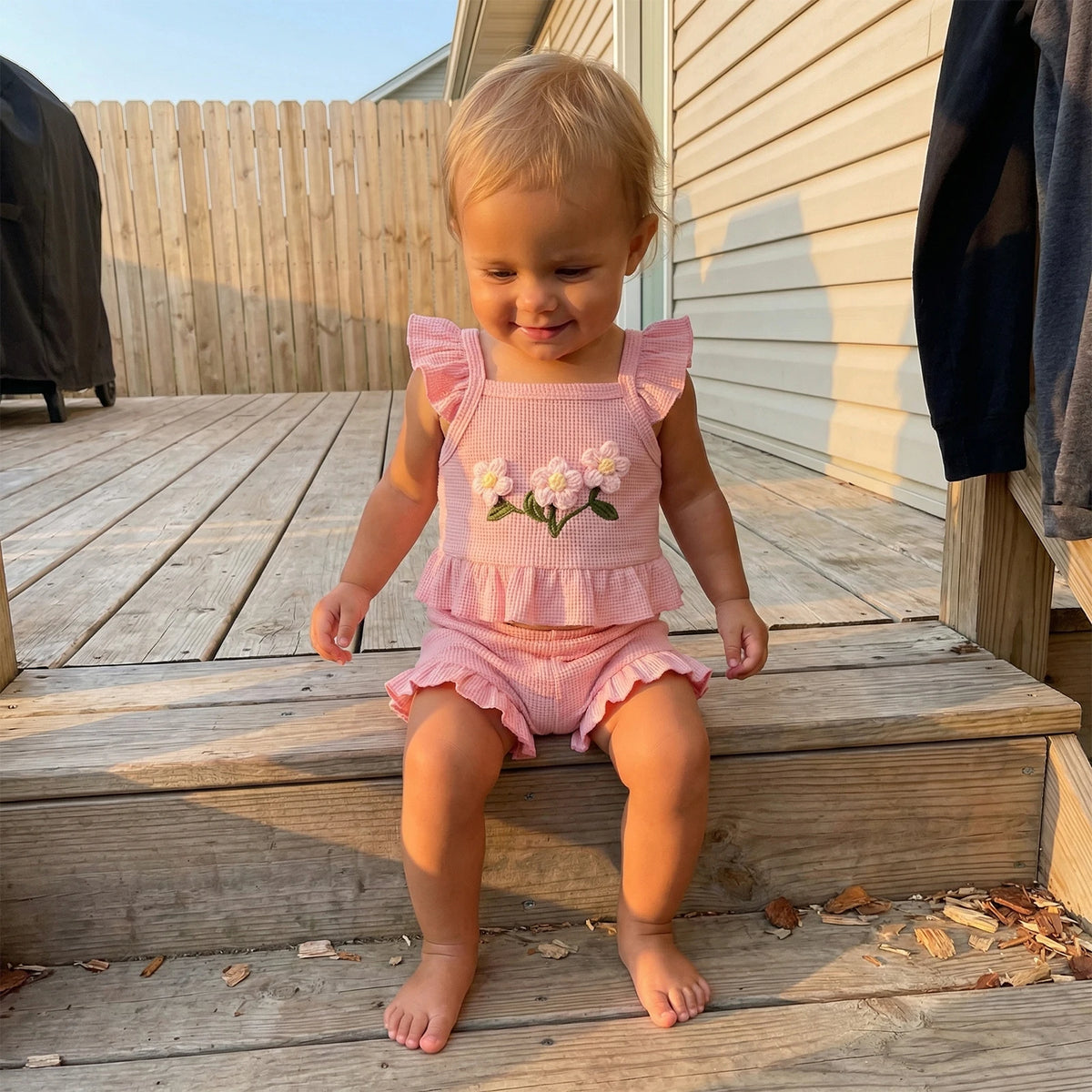 pink baby girl outfit with floral embroidery and ruffle details for toddlers