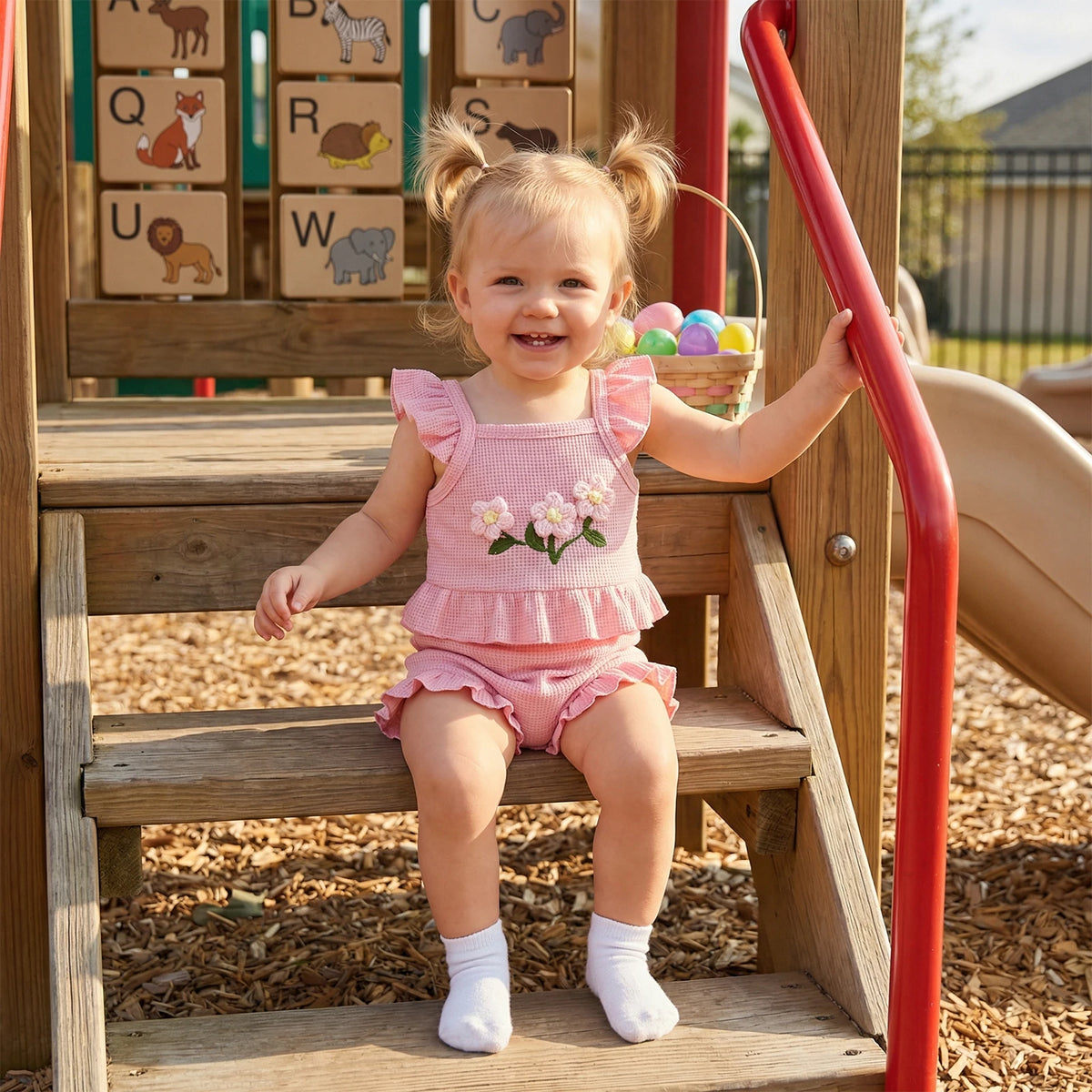 Baby girl pink ruffle sleeveless top and shorts set with flower embroidery, toddler summer outfit