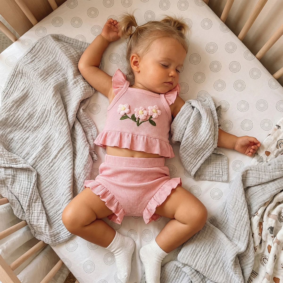 baby girl pink ruffle two-piece outfit with floral embroidery and sleeveless top, infant size