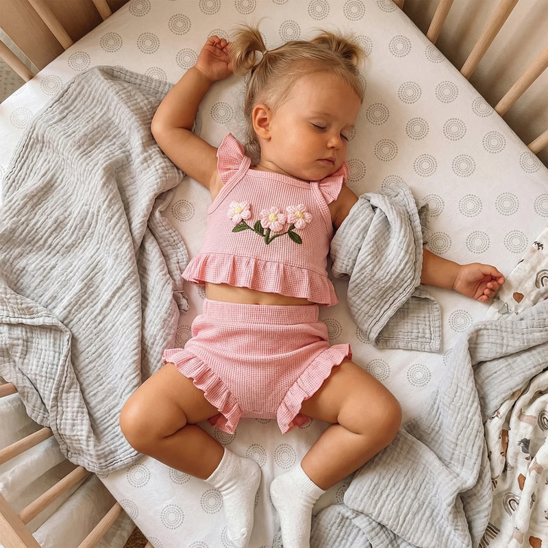 baby girl pink ruffle two-piece outfit with floral embroidery and sleeveless top, infant size