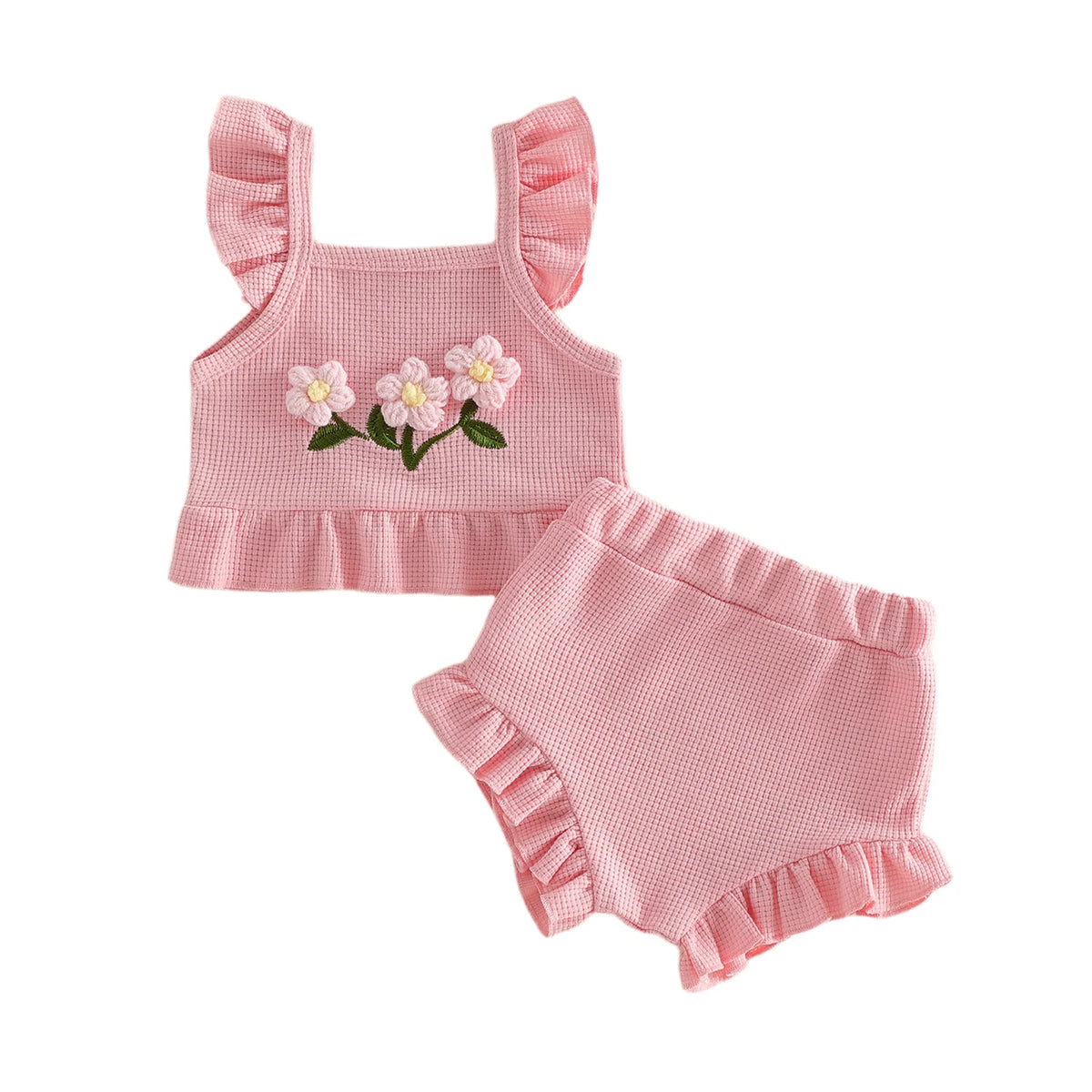 Baby girl pink textured two-piece outfit with floral embroidery and ruffled sleeves and shorts