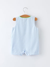 baby boys crocodile smocked romper by Rylee Faith Designs blue gingham sleeveless size newborn