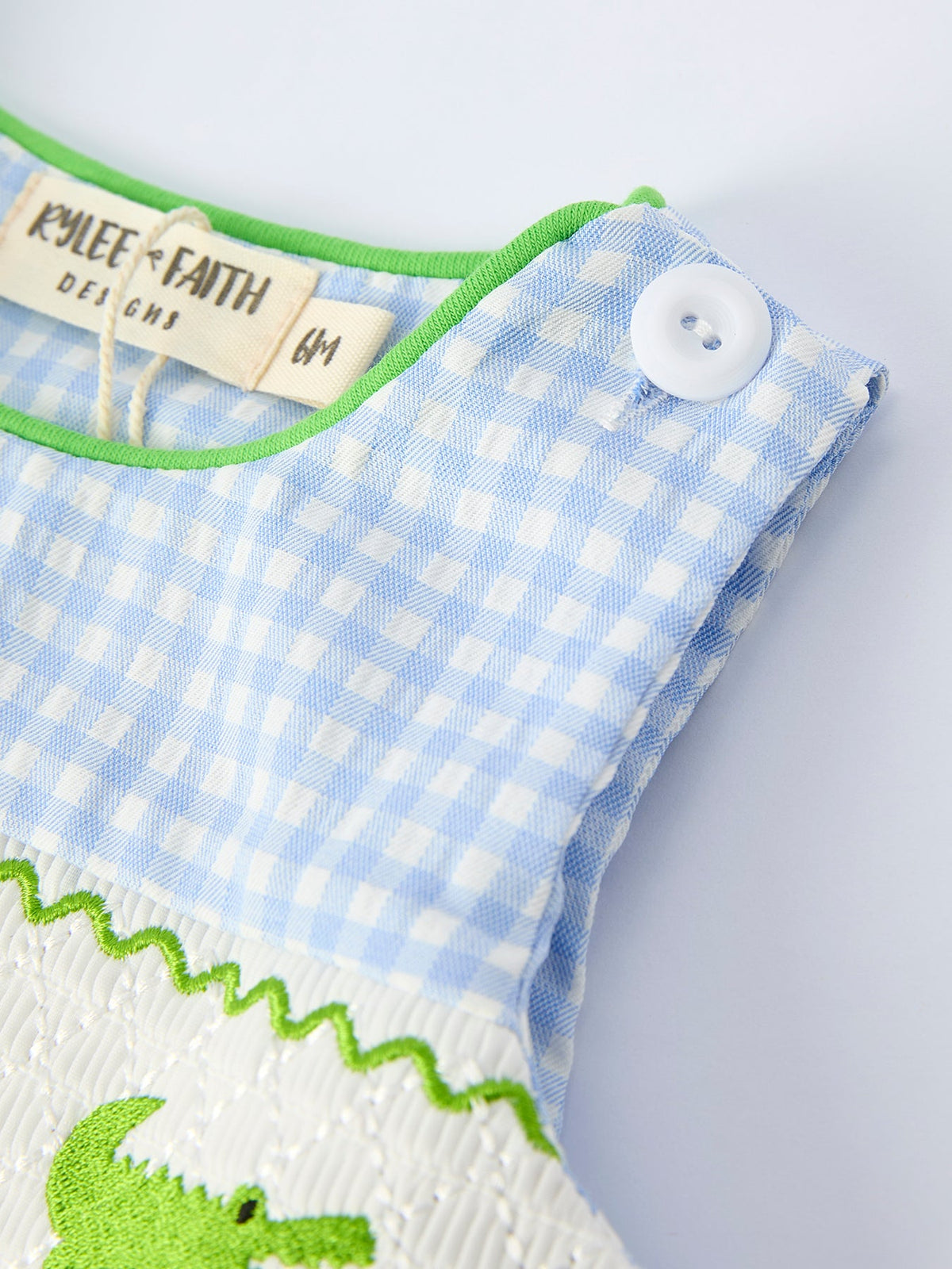 Rylee Faith Designs baby boys crocodile smocked romper blue gingham 6 months with green piping