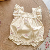 Cream baby bubble rompers with pink floral embroidery and ruffle sleeves for infants