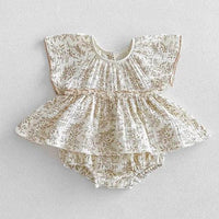 Cream floral baby bubble rompers with short sleeves and ruffle detail for infants