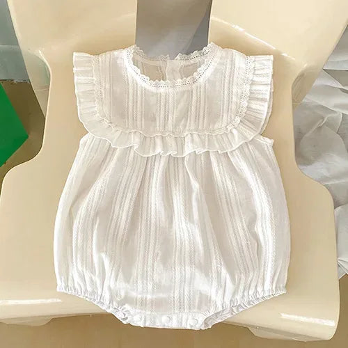 White baby bubble rompers with ruffle collar and lace trim for infants