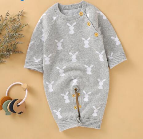 gray baby bunny knit romper for infants with white bunny patterns and button details