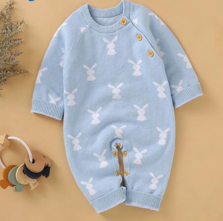 baby bunny knit romper in light blue with white bunny pattern, long sleeve, newborn size