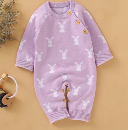 Lavender baby bunny knit romper with white bunny pattern and wooden buttons for infants