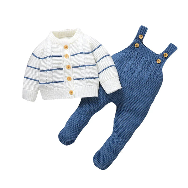 Baby cardigan and overalls outfit in white and blue knit for newborns with wooden button details
