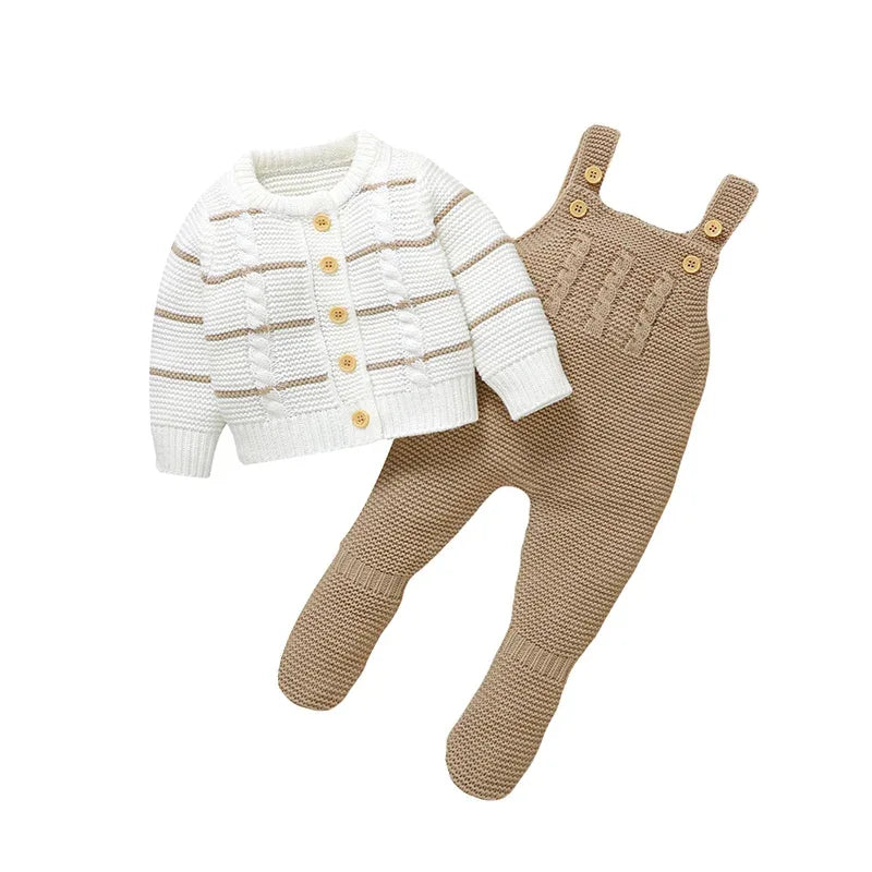 baby cardigan and overalls outfit with white striped knit cardigan and tan knit footed overalls for infants