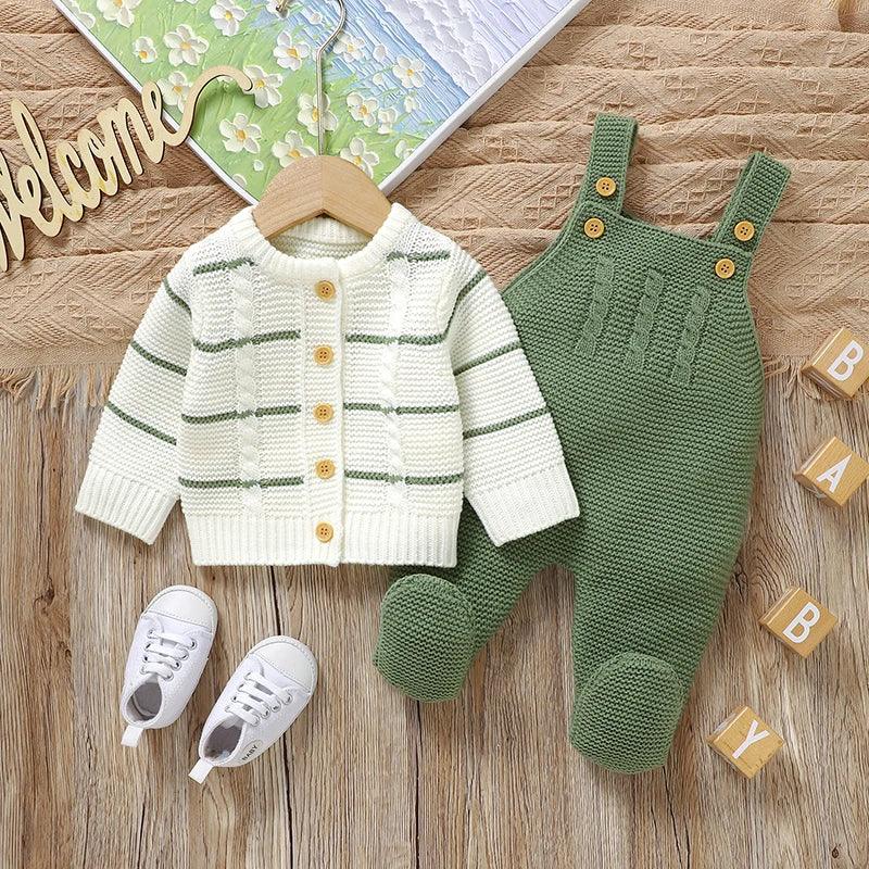 baby cardigan and overalls outfit knit green overalls with buttons and white striped cardigan for infants