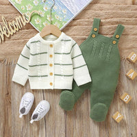 baby cardigan and overalls outfit knit green overalls with buttons and white striped cardigan for infants