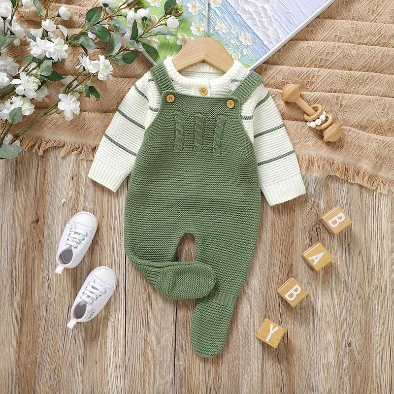 Green knitted baby cardigan and overalls outfit with white striped long sleeve top for newborns