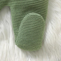 Green knit baby cardigan and overalls outfit with textured knit and footed design for infants
