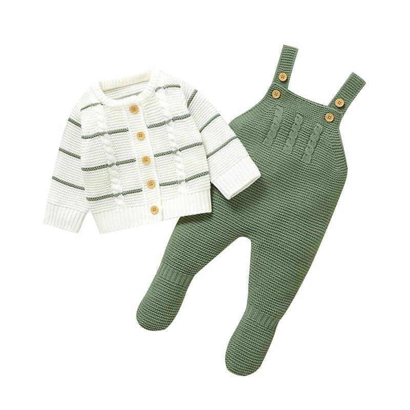 baby cardigan and overalls outfit with white striped cardigan and green knit overalls for infants