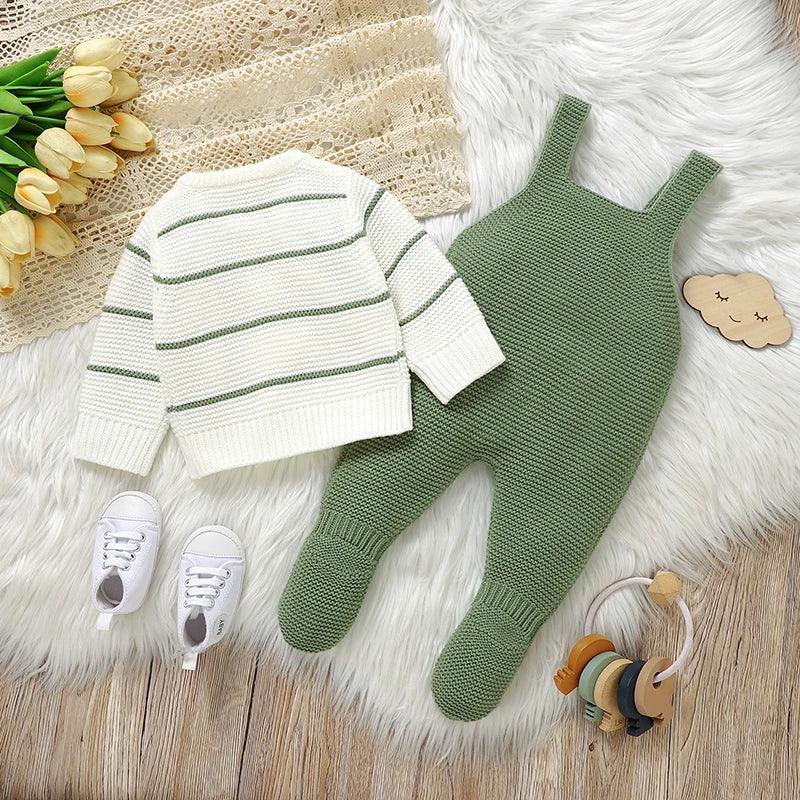 green baby overalls with white and green striped baby cardigan outfit for newborns with footed design