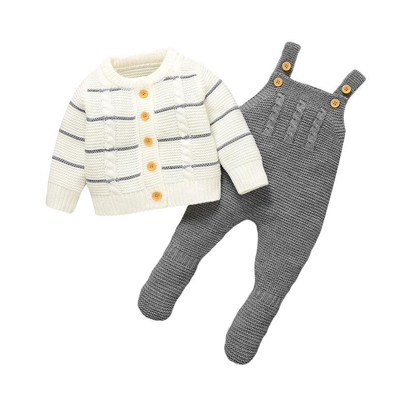 White and gray baby cardigan and overalls outfit with wooden buttons for newborns