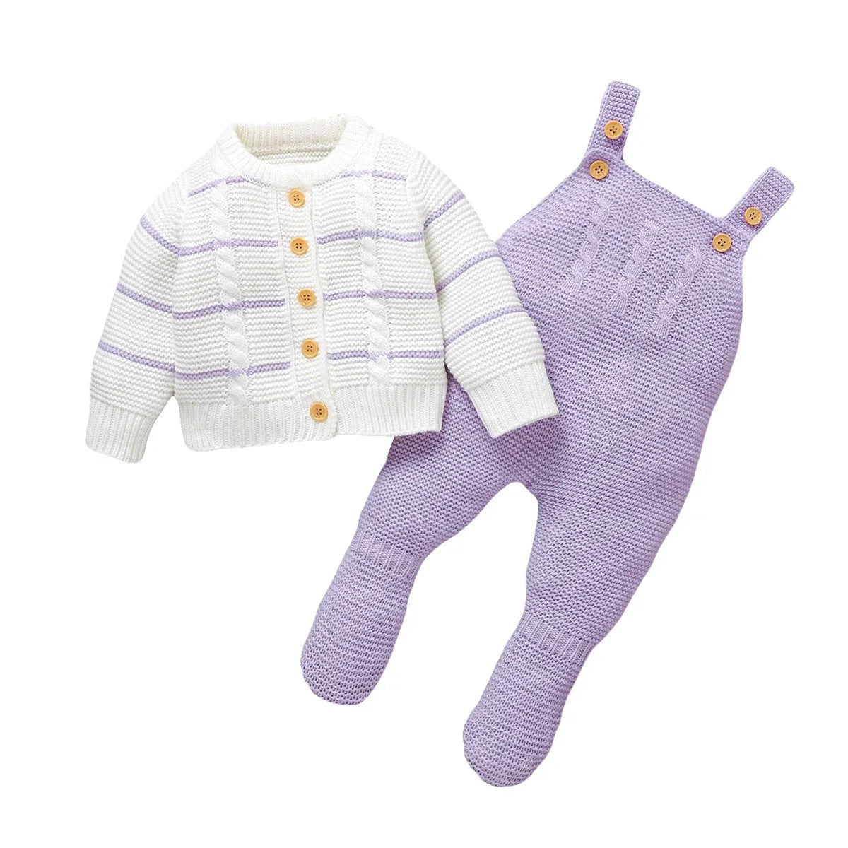 White and lavender baby cardigan and overalls outfit with wooden buttons for infants
