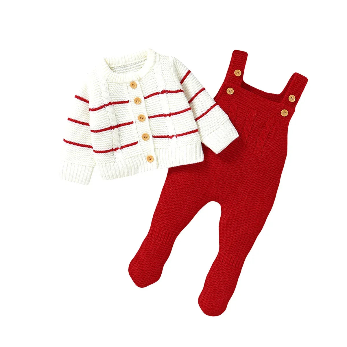 Red baby cardigan and overalls outfit in size 0 to 6 months with striped knit sweater and button details
