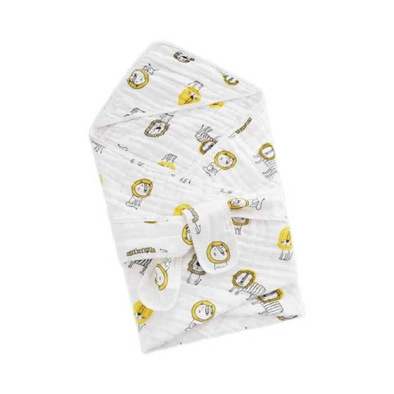 White baby envelope wrap with yellow lion and zebra print for newborns and infants