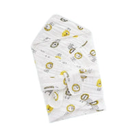 White baby envelope wrap with yellow lion and zebra print for newborns and infants