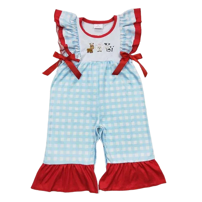 baby farm romper with ruffles light blue checkered for babies with red trim and animal embroidery