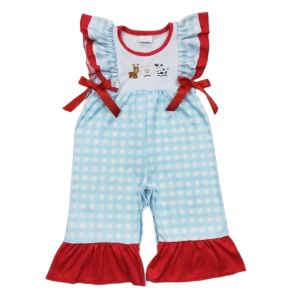 baby farm romper with ruffles light blue checkered for babies with red trim and animal embroidery